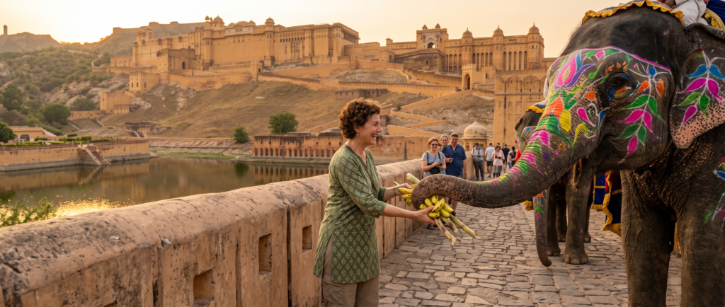 Tourist feeding an elephant during elephant activities in Jaipur